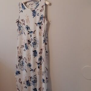 Sleeveless White Floral Maxi Dress with Blue & Brown Accents size large